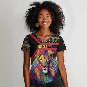 Angola Women V-Neck T-Shirt Multicolor Tribal Design and Vibrant Lion - African Pride
