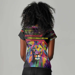 Angola Women V-Neck T-Shirt Multicolor Tribal Design and Vibrant Lion - African Pride