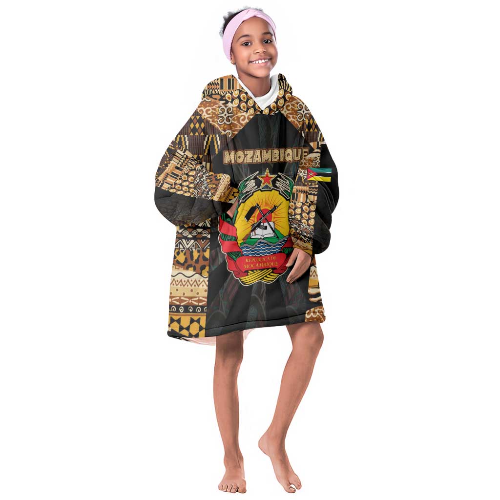 Mozambique Kid Wearable Blanket Hoodie Black Brown Tribal Design - African Pride