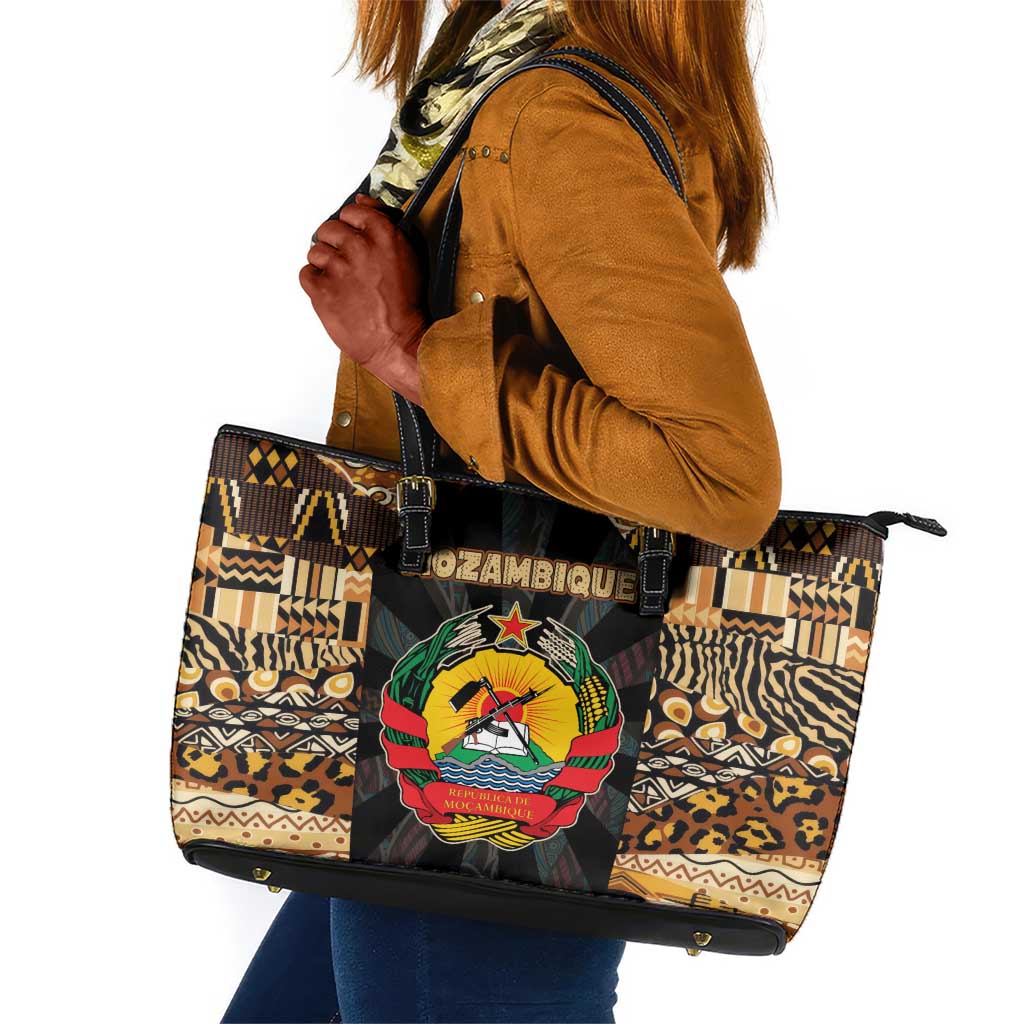 Mozambique Leather Tote Bag Black Brown Tribal Design - African Pride