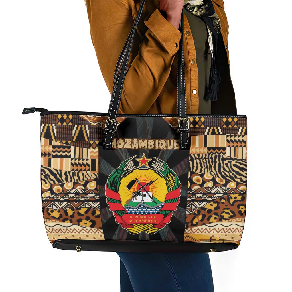 Mozambique Leather Tote Bag Black Brown Tribal Design - African Pride
