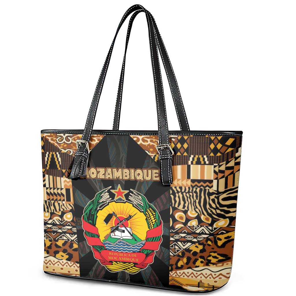 Mozambique Leather Tote Bag Black Brown Tribal Design - African Pride