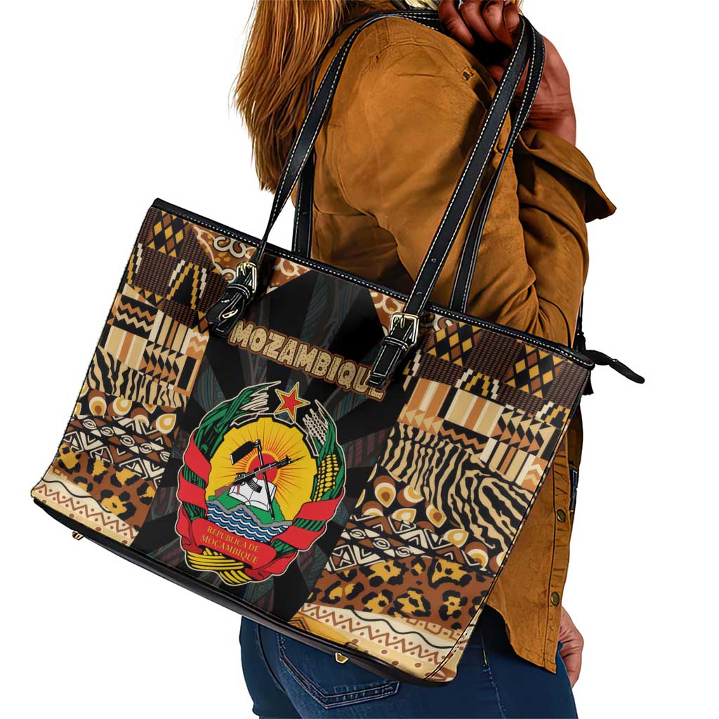 Mozambique Leather Tote Bag Black Brown Tribal Design - African Pride