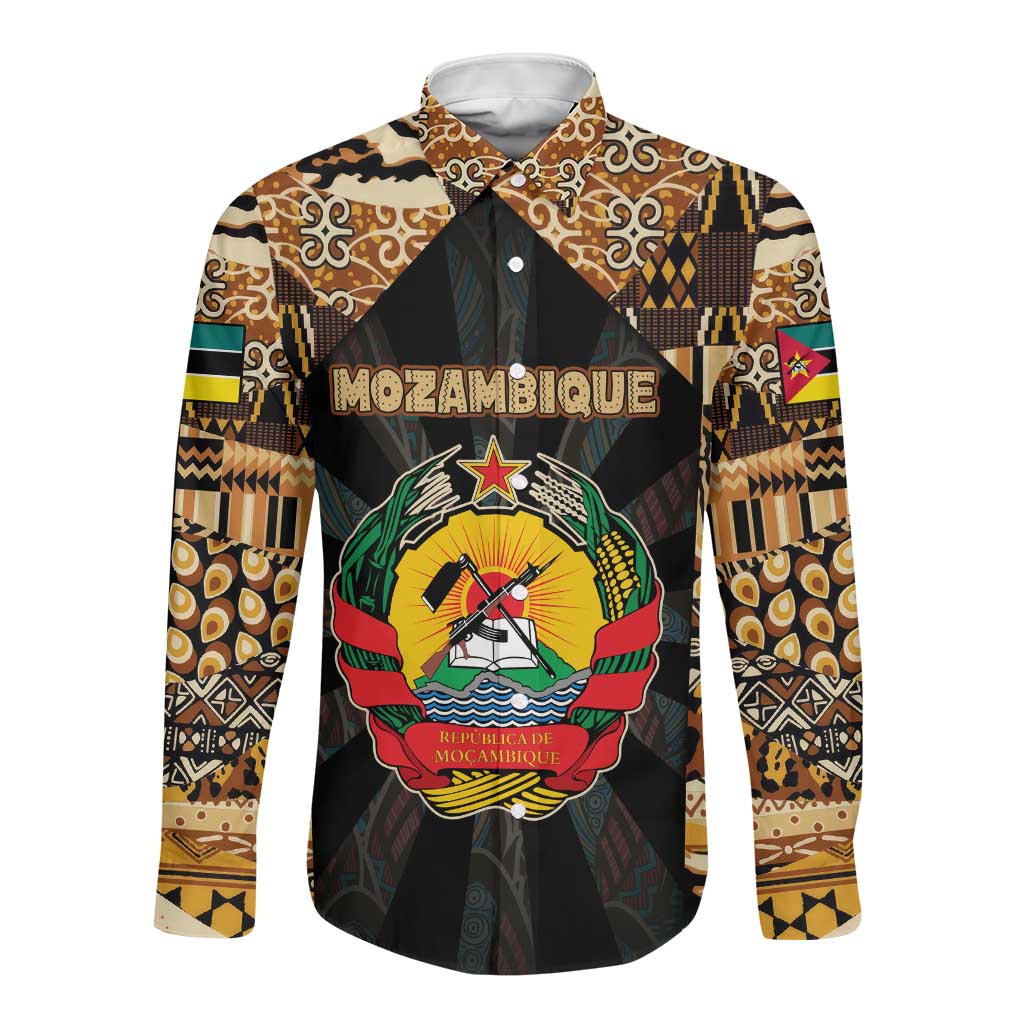 Mozambique Long Sleeve Button Shirt Black Brown Tribal Design - African Pride