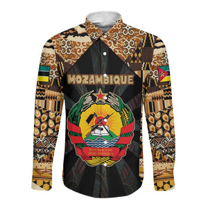 Mozambique Long Sleeve Button Shirt Black Brown Tribal Design - African Pride