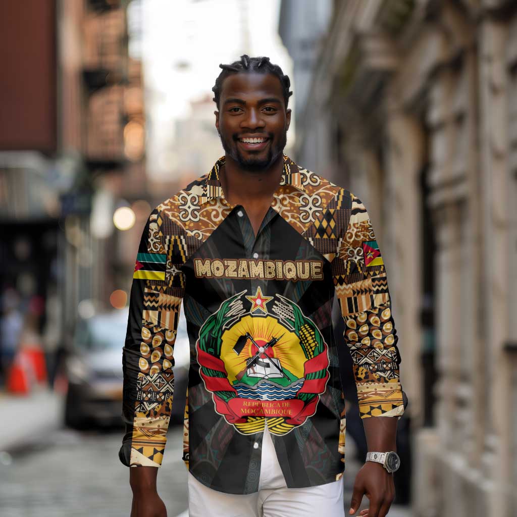 Mozambique Long Sleeve Button Shirt Black Brown Tribal Design - African Pride