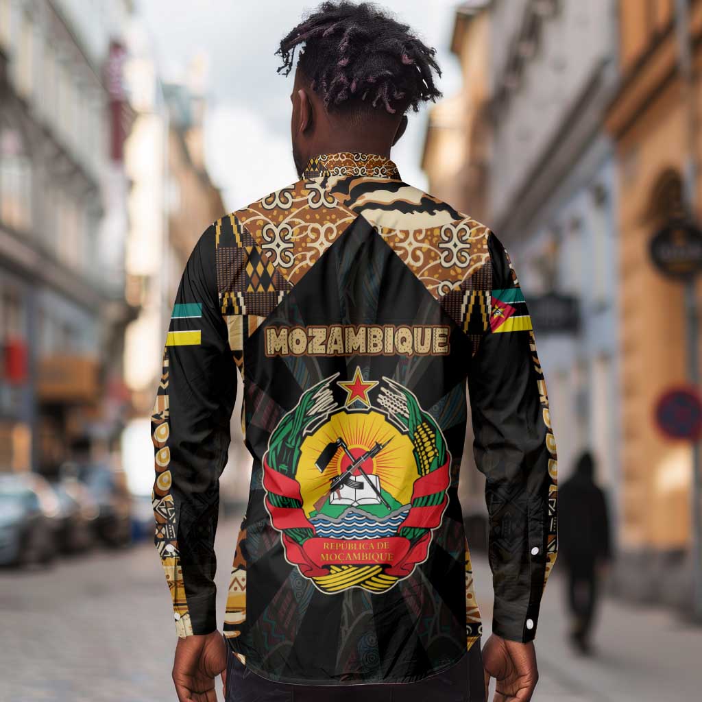 Mozambique Long Sleeve Button Shirt Black Brown Tribal Design - African Pride