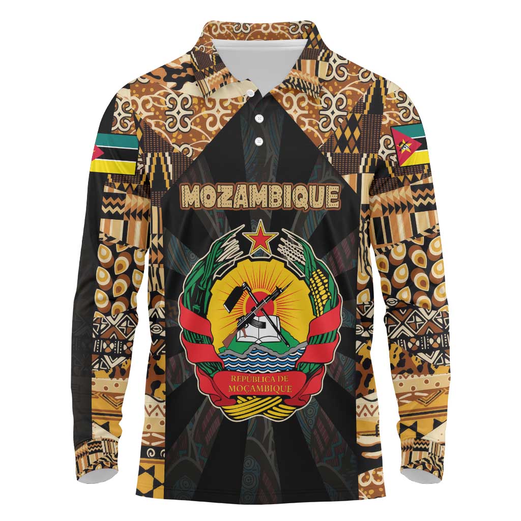 Mozambique Long Sleeve Polo Shirt Black Brown Tribal Design - African Pride