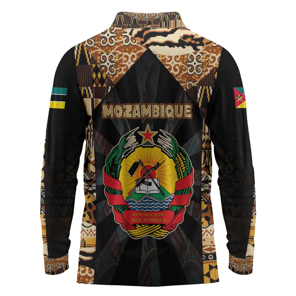 Mozambique Long Sleeve Polo Shirt Black Brown Tribal Design - African Pride