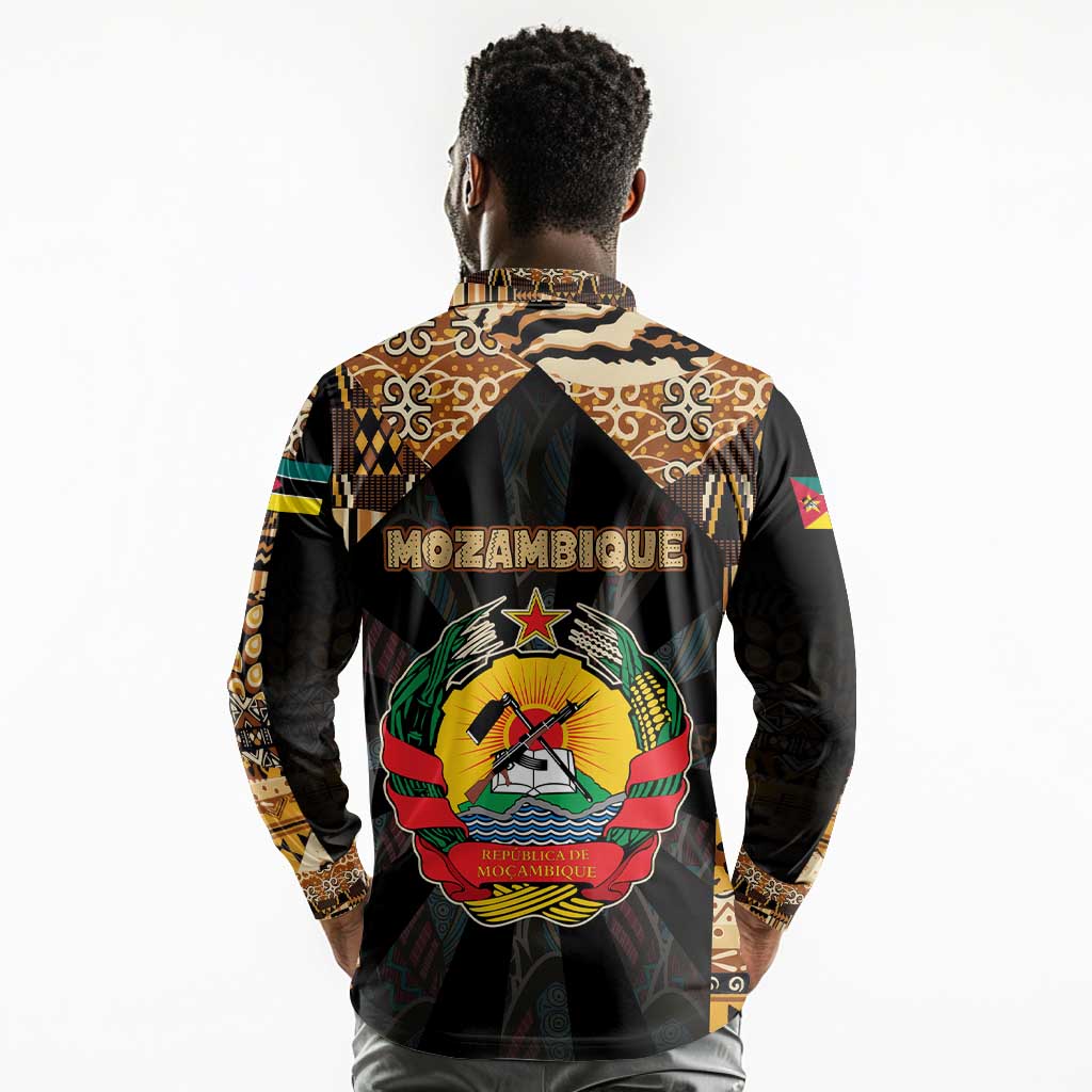 Mozambique Long Sleeve Polo Shirt Black Brown Tribal Design - African Pride