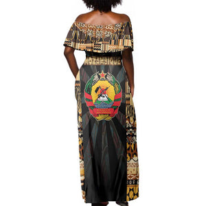 Mozambique Off Shoulder Maxi Dress Black Brown Tribal Design - African Pride