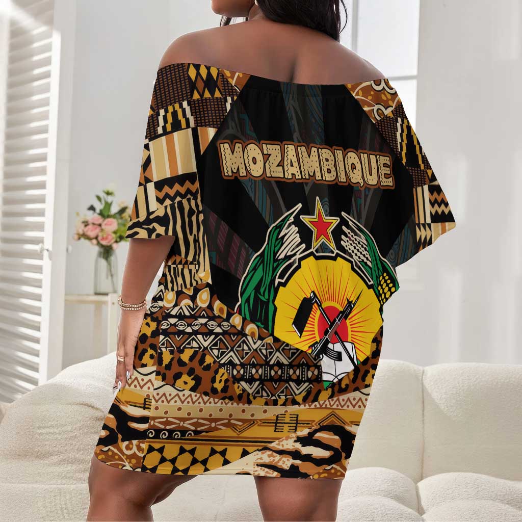 Mozambique Off Shoulder Short Dress Black Brown Tribal Design - African Pride