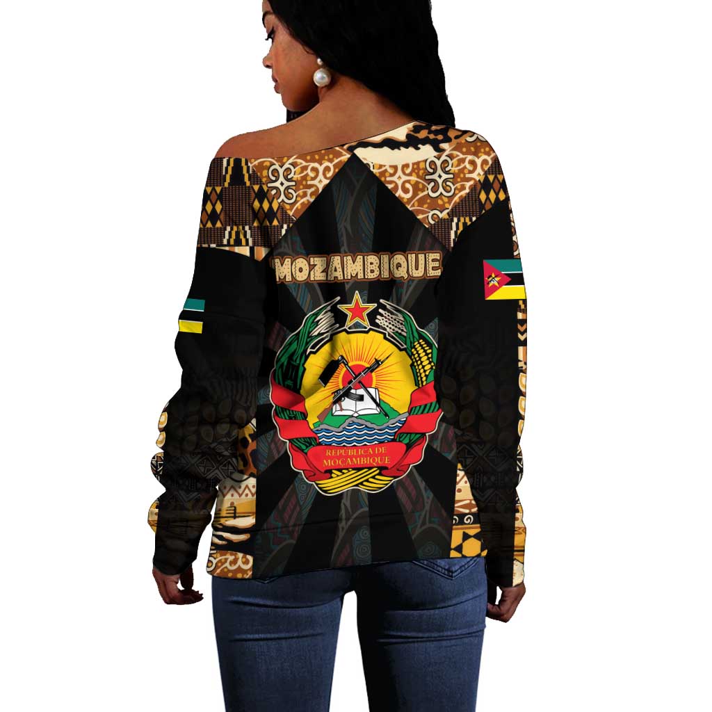 Mozambique Off Shoulder Sweater Black Brown Tribal Design - African Pride