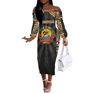 Mozambique Off The Shoulder Long Sleeve Dress Black Brown Tribal Design - African Pride