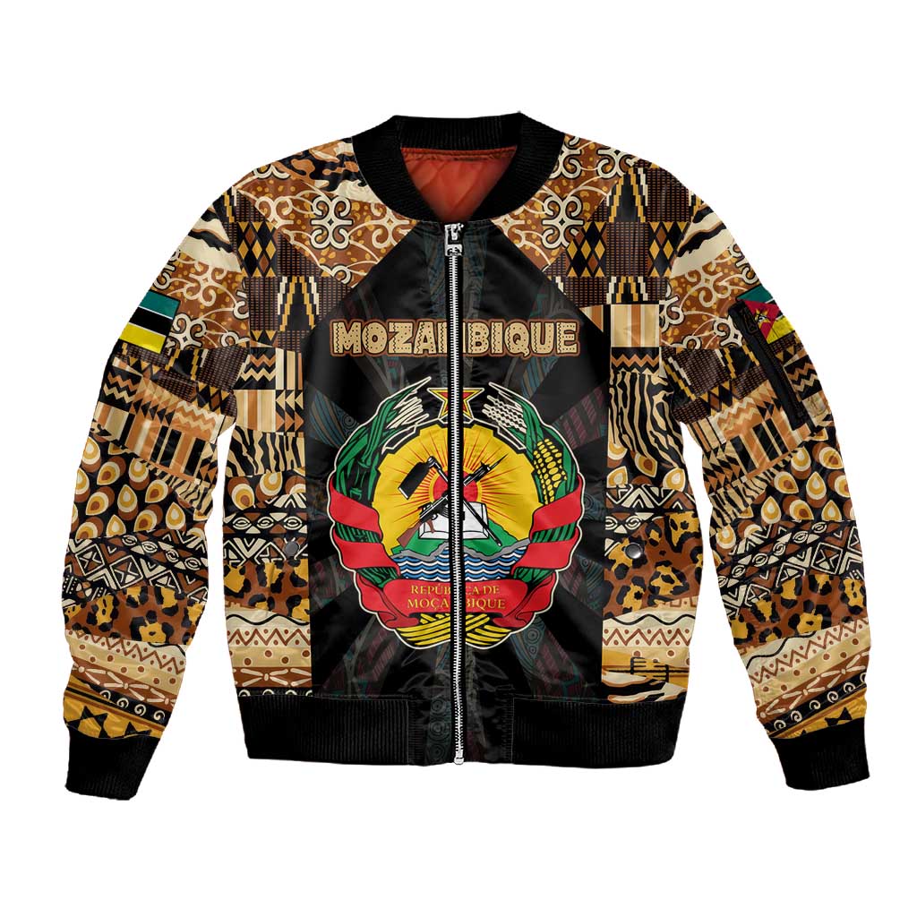 Mozambique Sleeve Zip Bomber Jacket Black Brown Tribal Design - African Pride