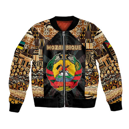 Mozambique Sleeve Zip Bomber Jacket Black Brown Tribal Design - African Pride