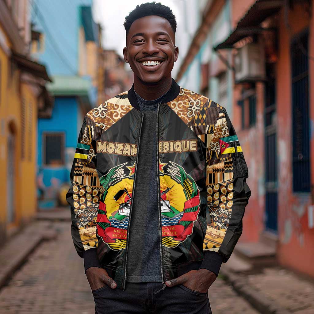 Mozambique Sleeve Zip Bomber Jacket Black Brown Tribal Design - African Pride