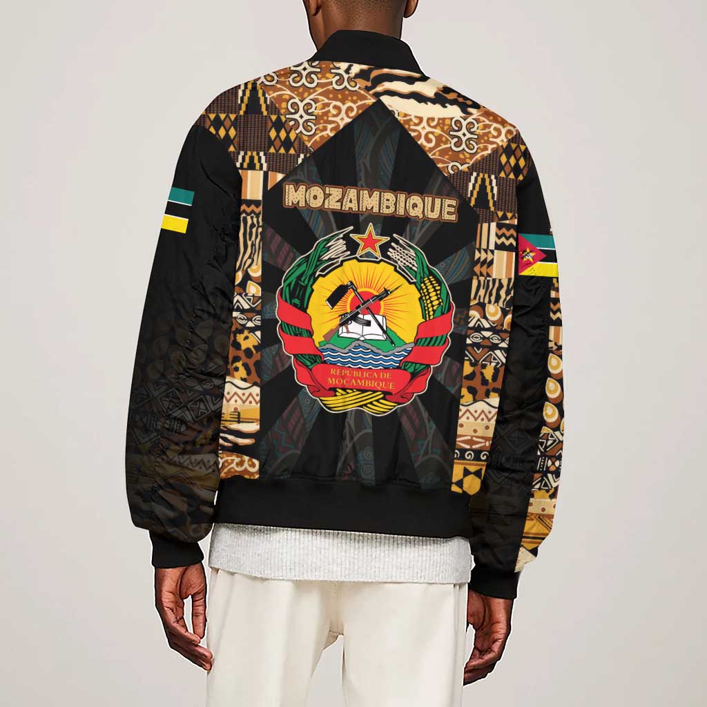 Mozambique Sleeve Zip Bomber Jacket Black Brown Tribal Design - African Pride
