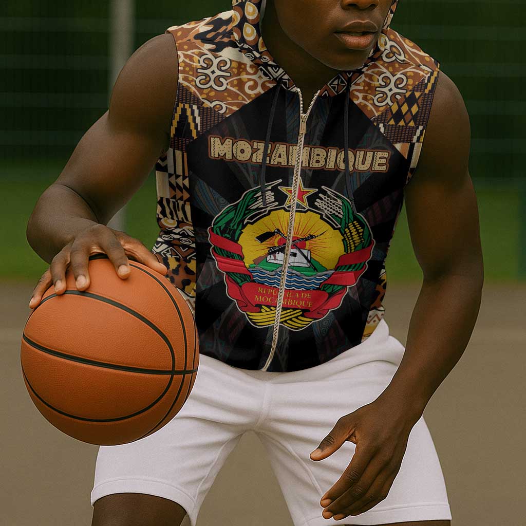 Mozambique Sleeveless Zip Hoodie Black Brown Tribal Design - African Pride
