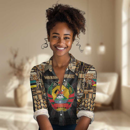 Mozambique Women Casual Shirt Black Brown Tribal Design - African Pride