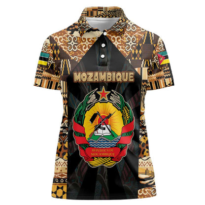 Mozambique Women Polo Shirt Black Brown Tribal Design - African Pride
