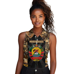 Mozambique Women Sleeveless Polo Shirt Black Brown Tribal Design - African Pride