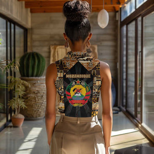 Mozambique Women Sleeveless Polo Shirt Black Brown Tribal Design - African Pride