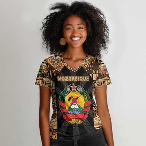 Mozambique Women V-Neck T-Shirt Black Brown Tribal Design - African Pride