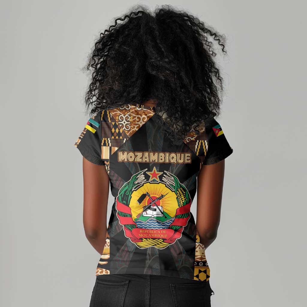 Mozambique Women V-Neck T-Shirt Black Brown Tribal Design - African Pride