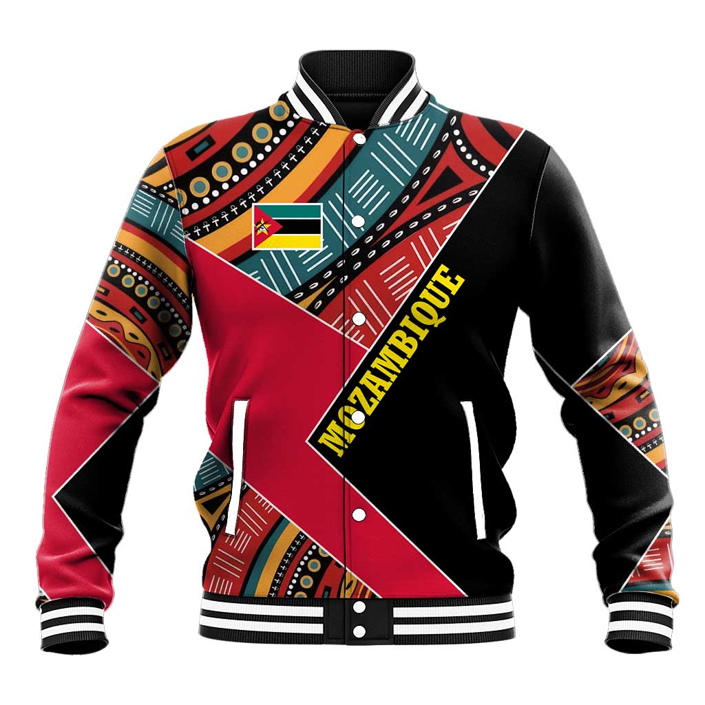 Mozambique Baseball Jacket Red Black Geometric Design and Tribal Pattern - African Pride