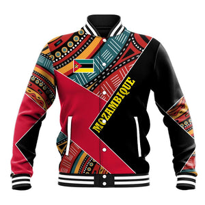Mozambique Baseball Jacket Red Black Geometric Design and Tribal Pattern - African Pride