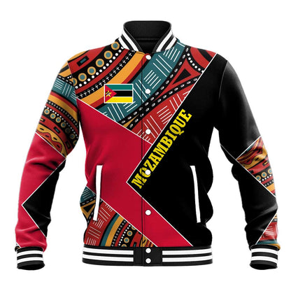 Mozambique Baseball Jacket Red Black Geometric Design and Tribal Pattern - African Pride