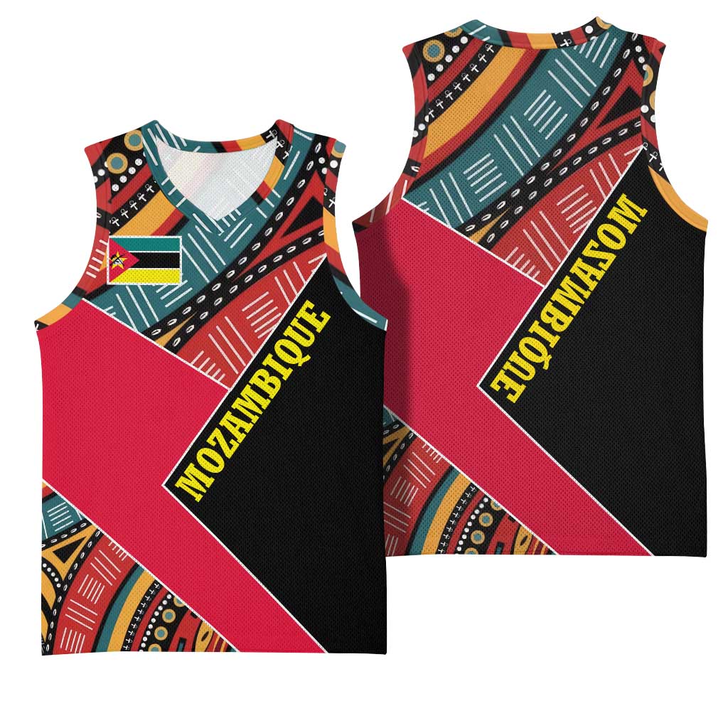 Mozambique Basketball Jersey Red Black Geometric Design and Tribal Pattern - African Pride