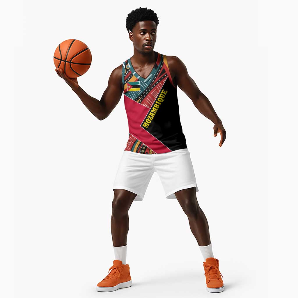 Mozambique Basketball Jersey Red Black Geometric Design and Tribal Pattern - African Pride