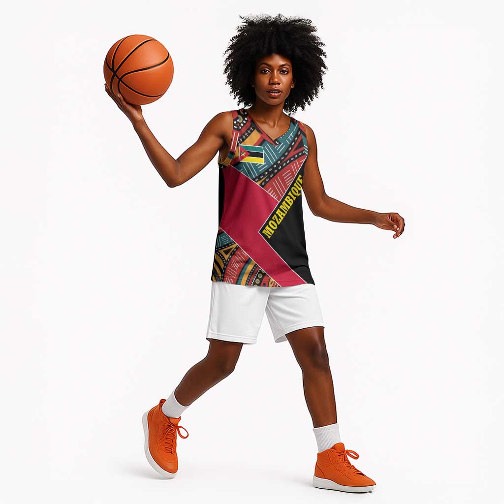 Mozambique Basketball Jersey Red Black Geometric Design and Tribal Pattern - African Pride