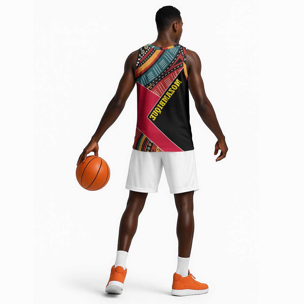 Mozambique Basketball Jersey Red Black Geometric Design and Tribal Pattern - African Pride