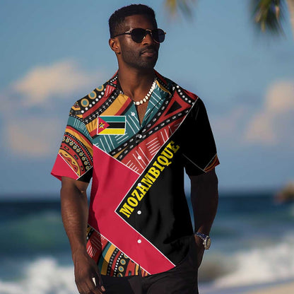 Mozambique Hawaiian Shirt Red Black Geometric Design and Tribal Pattern - African Pride