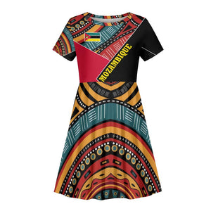 Mozambique Kid Short Sleeve Dress Red Black Geometric Design and Tribal Pattern - African Pride