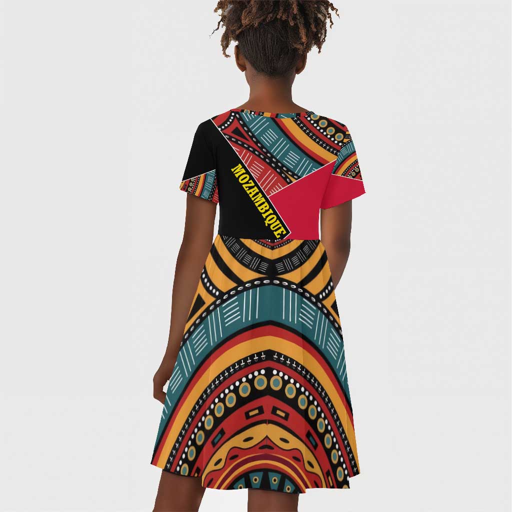 Mozambique Kid Short Sleeve Dress Red Black Geometric Design and Tribal Pattern - African Pride