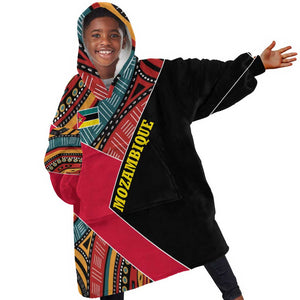 Mozambique Kid Wearable Blanket Hoodie Red Black Geometric Design and Tribal Pattern - African Pride