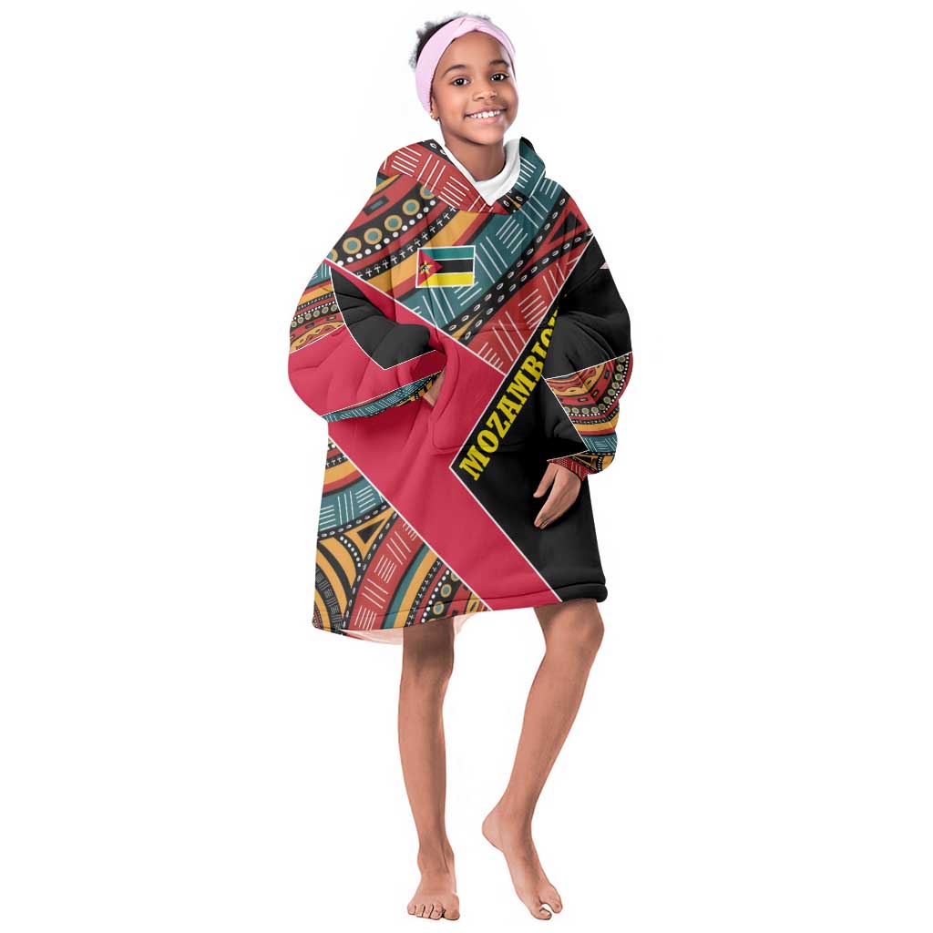 Mozambique Kid Wearable Blanket Hoodie Red Black Geometric Design and Tribal Pattern - African Pride