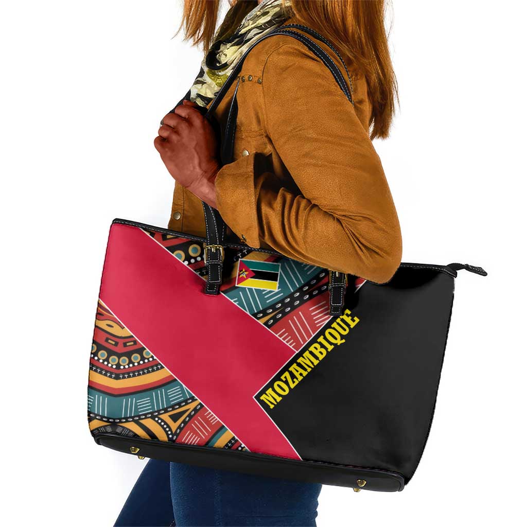 Mozambique Leather Tote Bag Red Black Geometric Design and Tribal Pattern - African Pride