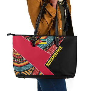 Mozambique Leather Tote Bag Red Black Geometric Design and Tribal Pattern - African Pride