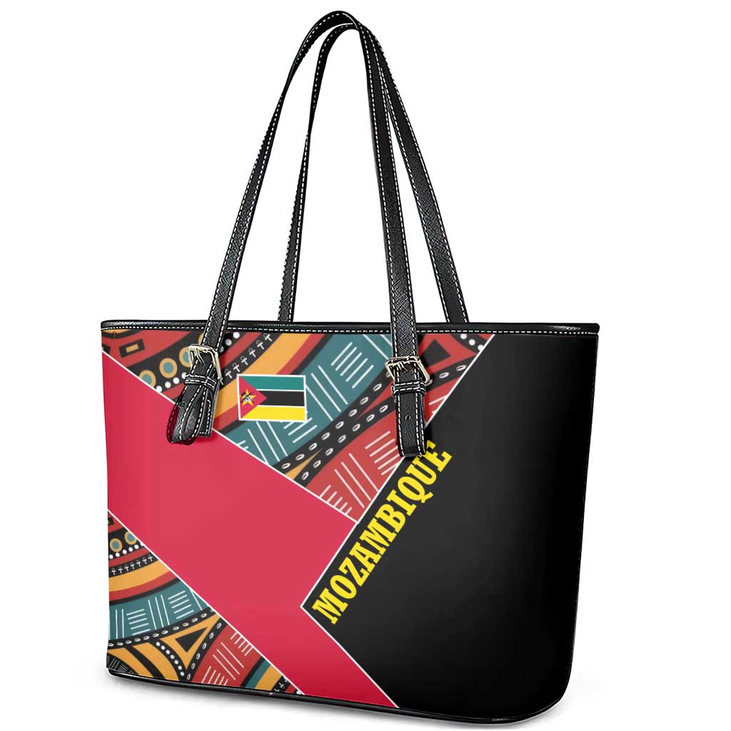 Mozambique Leather Tote Bag Red Black Geometric Design and Tribal Pattern - African Pride