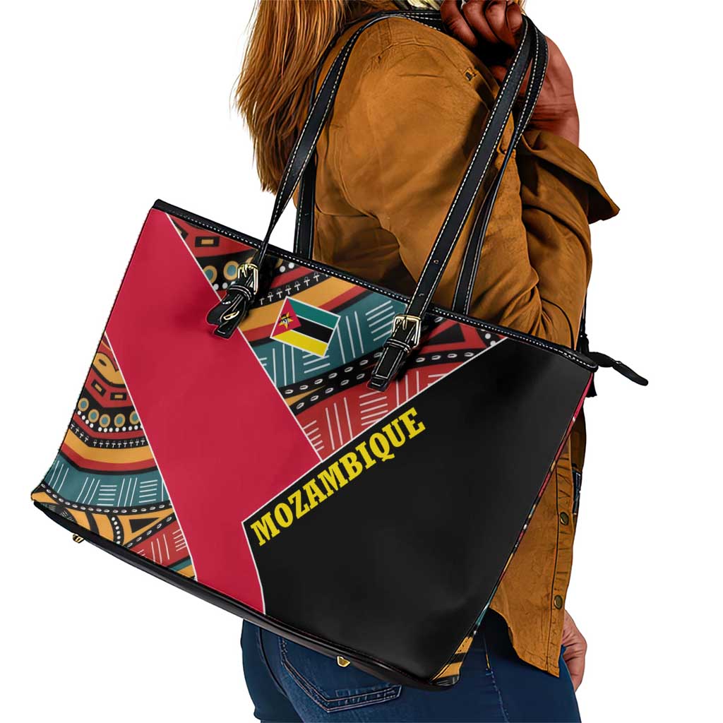 Mozambique Leather Tote Bag Red Black Geometric Design and Tribal Pattern - African Pride