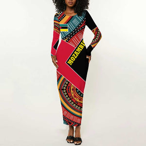 Mozambique Long Sleeve Bodycon Dress Red Black Geometric Design and Tribal Pattern - African Pride
