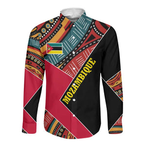 Mozambique Long Sleeve Button Shirt Red Black Geometric Design and Tribal Pattern - African Pride