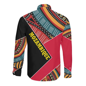 Mozambique Long Sleeve Button Shirt Red Black Geometric Design and Tribal Pattern - African Pride