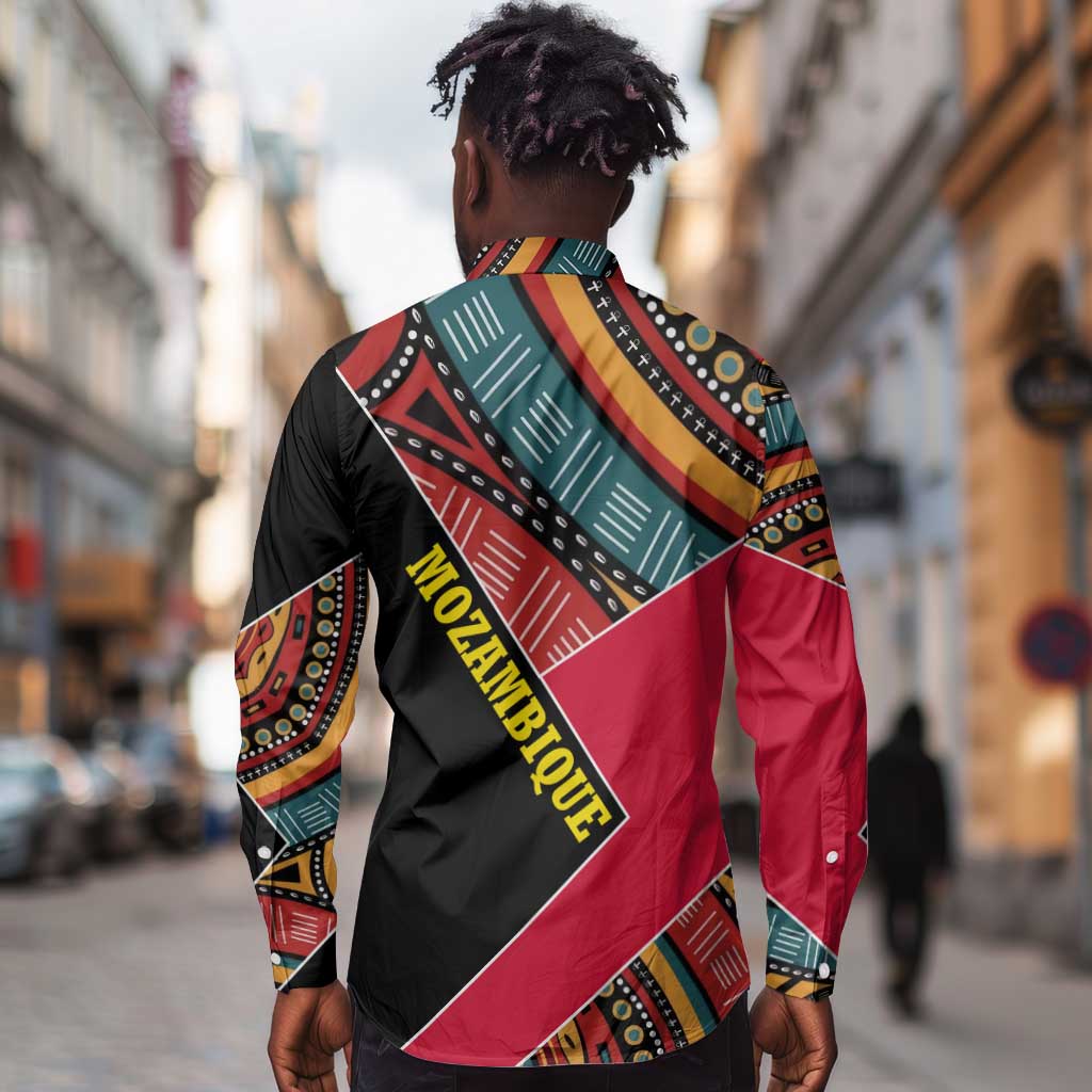 Mozambique Long Sleeve Button Shirt Red Black Geometric Design and Tribal Pattern - African Pride