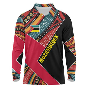 Mozambique Long Sleeve Polo Shirt Red Black Geometric Design and Tribal Pattern - African Pride